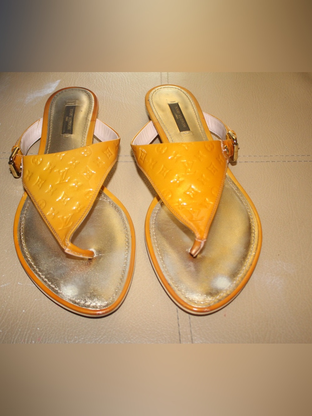 Vintage Louis Vuitton Women's Patent Monogram Thong Sandals with Gold Footbed